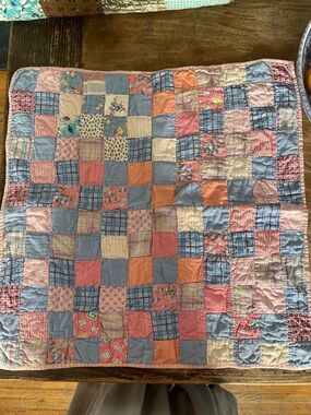 Handmade Baby Blanket Patchwork Cotton Throw Quilt in Blue, Pink & Cream